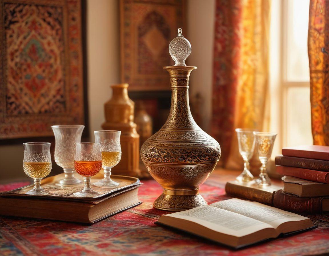 A beautifully arranged table with an ornate Arabic ceramic wine decanter and glasses, surrounded by open Arabic literature books with poetic verses. In the background, a colorful tapestry depicting scenes of joyful gatherings and storytelling. Golden sunlight filtering through, creating a warm and inviting atmosphere. super-realistic. vibrant colors. soft focus.