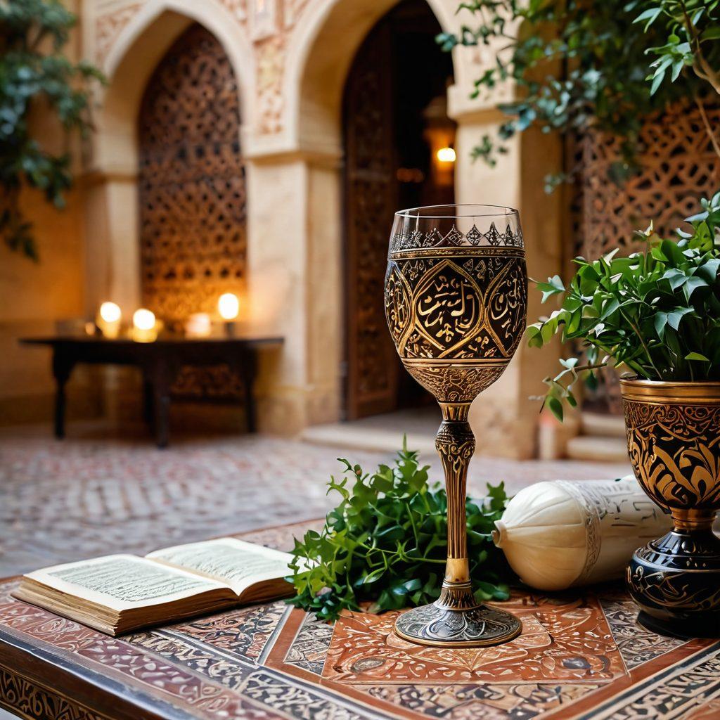 A serene scene of a traditional Middle Eastern courtyard, adorned with intricately patterned tiles and lush greenery. A beautifully crafted wine goblet filled with vibrant Arabic wine sits on an ornate table, surrounded by scrolls of poetry and ink quills. Soft, warm lighting filters through, highlighting the poetic essence of wine tasting. Artistic calligraphy featuring Arabic phrases elegantly weaves through the composition. super-realistic. warm colors. soft focus.