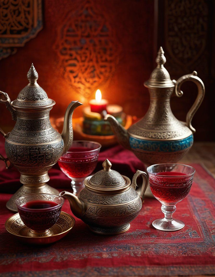 A beautifully arranged traditional Arabic setting featuring an ornate teapot and colorful cups, with a backdrop of vintage Arabic calligraphy and intricate patterns. In the foreground, an elegantly poured glass of red wine catches the light, symbolizing storytelling. The scene is illuminated by warm, ambient lighting, evoking a sense of tradition and intimacy. super-realistic. vibrant colors. textured background.